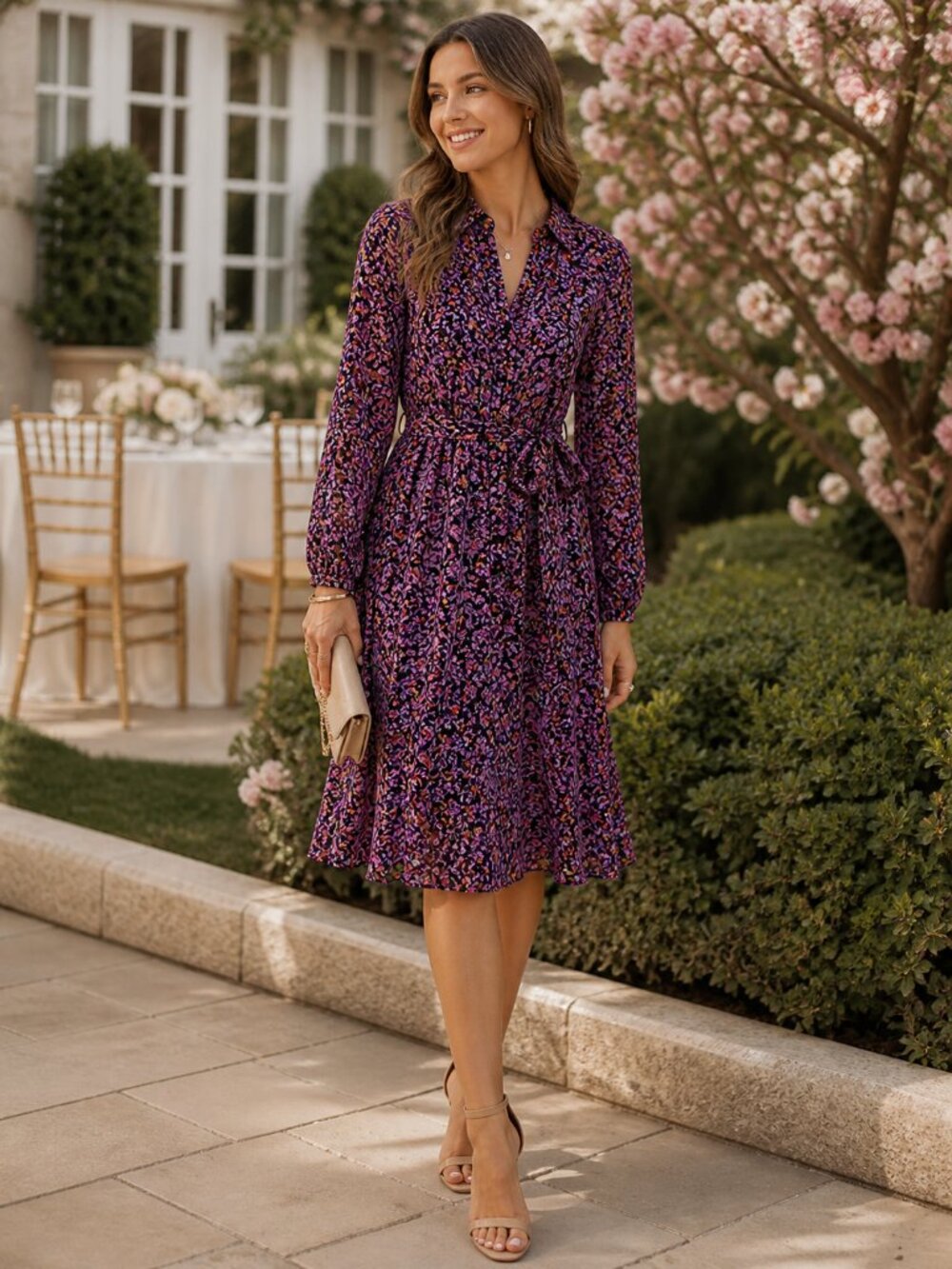 Nanette Lepore Floral Shirt Dress Belted Midi Black Pink Size 8